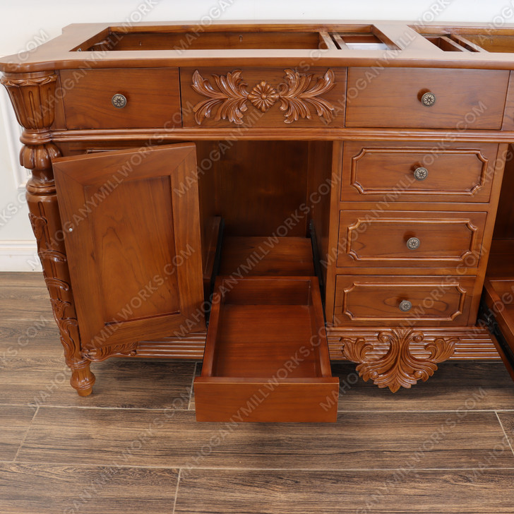 72" Custom Teak 2-Sink Bathroom Vanity