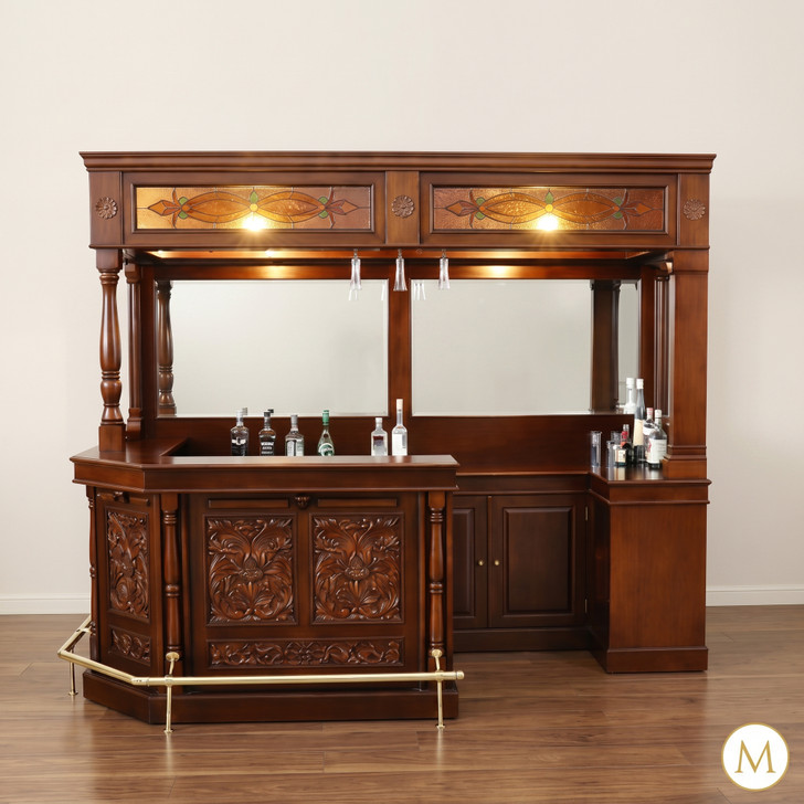 Elegant mahogany corner bar with liquor display