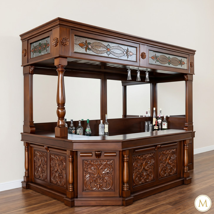 Elegant mahogany corner bar with liquor display