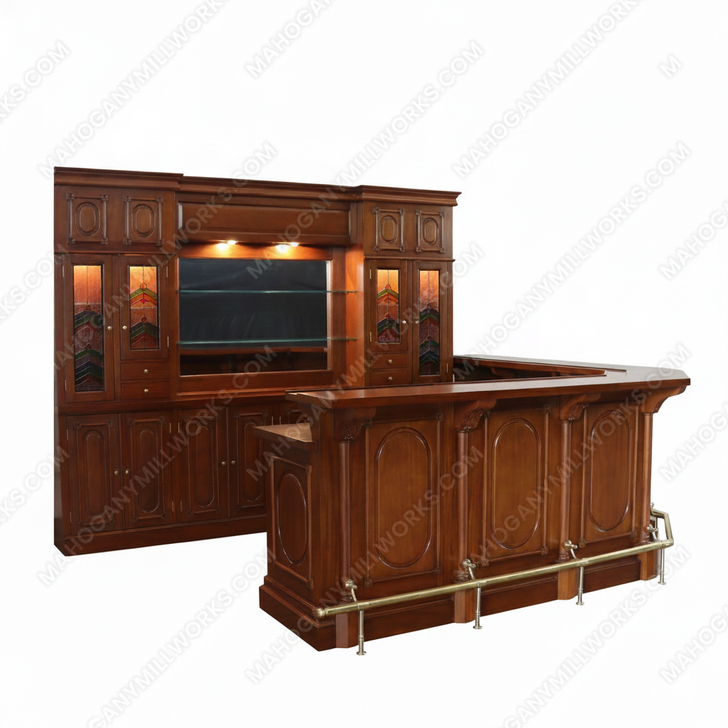 11ft Light Walnut Corner Bar w/ Stained Glass