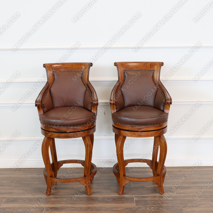 Pecan Genuine Leather  Swivel Barstools (2)
