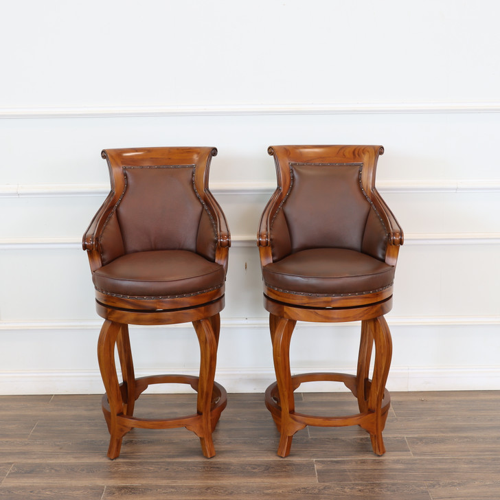 Pecan Genuine Leather  Swivel Barstools (2)
