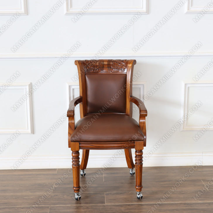 Solid Mahogany Leather Upholstered Arm Chair with Casters