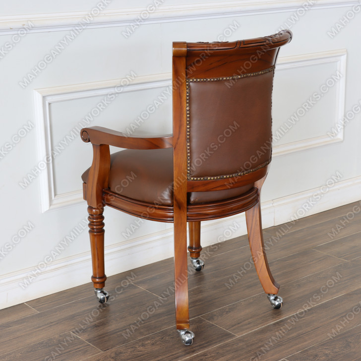 Solid Mahogany Leather Upholstered Arm Chair with Casters