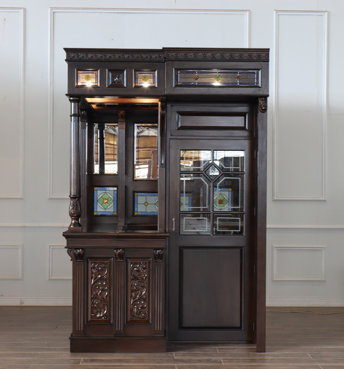 Dark Mahogany Walk-in Canopy Pub Bar w/ Stained Glass Ceiling