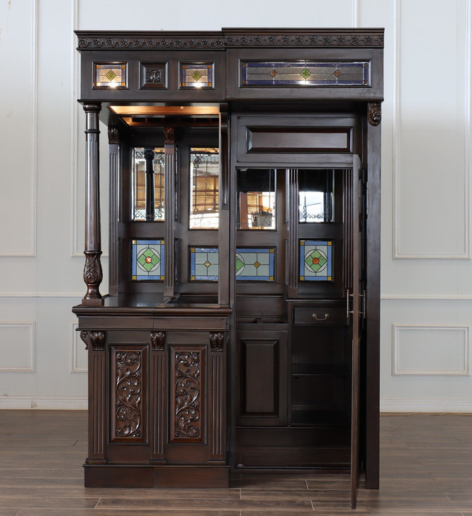 Dark Mahogany Walk-in Canopy Pub Bar w/ Stained Glass Ceiling