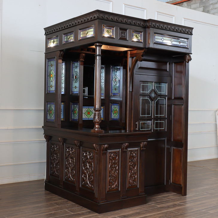 Dark Mahogany Walk-in Canopy Pub Bar w/ Stained Glass Ceiling