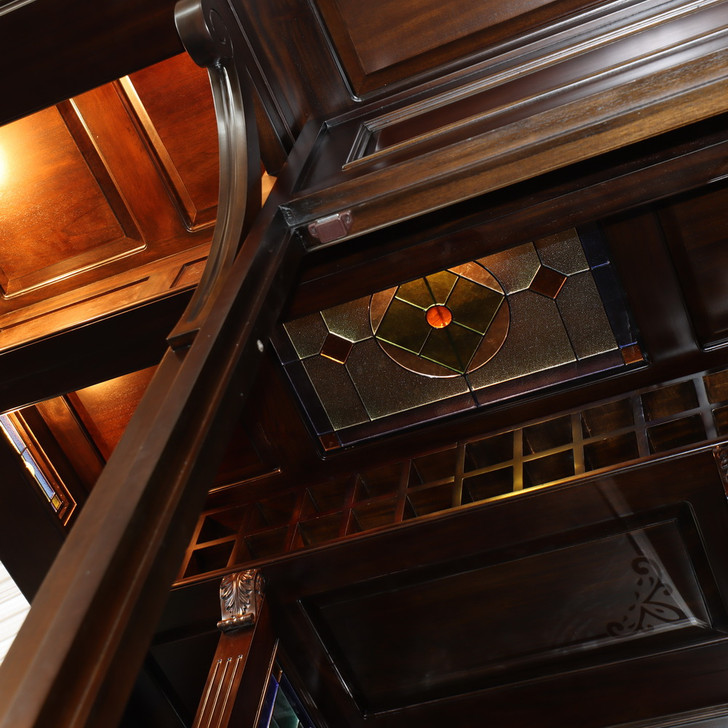 Dark Mahogany Walk-in Canopy Pub Bar w/ Stained Glass Ceiling