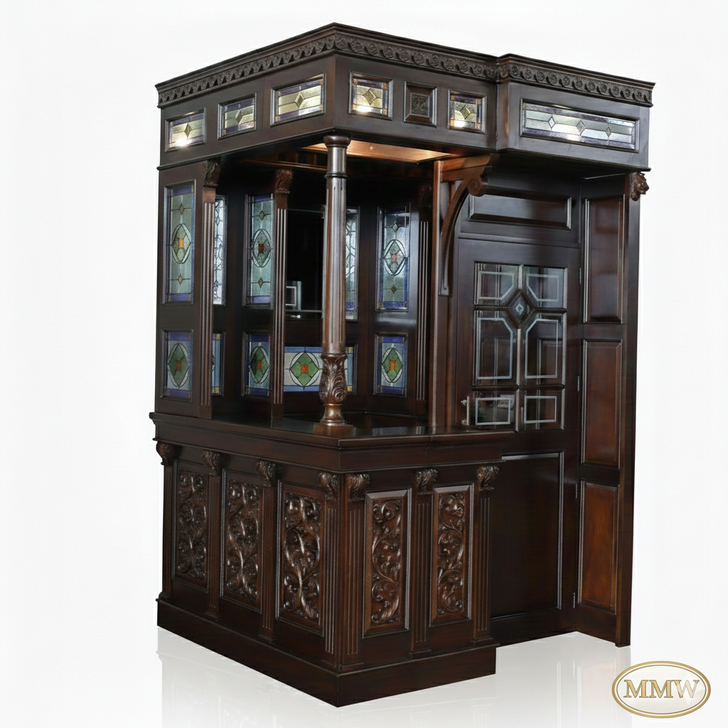 Dark Mahogany Walk-in Canopy Pub Bar w/ Stained Glass Ceiling