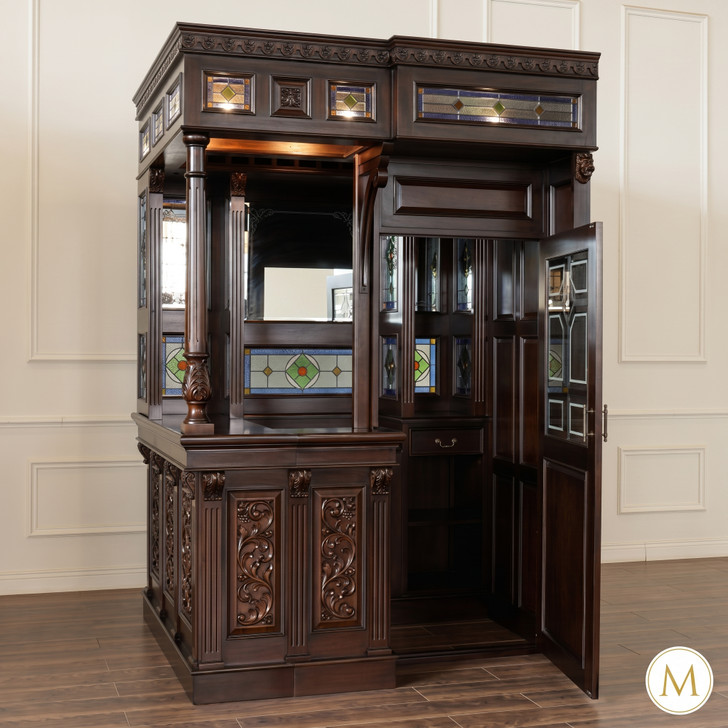 Dark Mahogany Walk-in Canopy Pub Bar w/ Stained Glass Ceiling