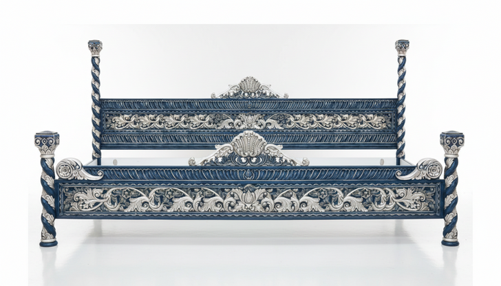 Custom Oversized Venetian Blue Bed w/ Silver Accents