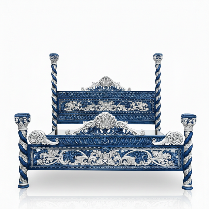 Custom Oversized Venetian Blue Bed w/ Silver Accents