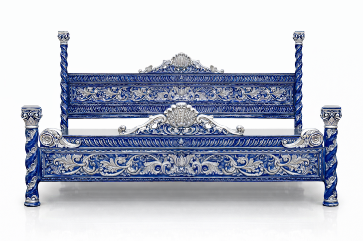 Custom Oversized Venetian Blue Bed w/ Silver Accents