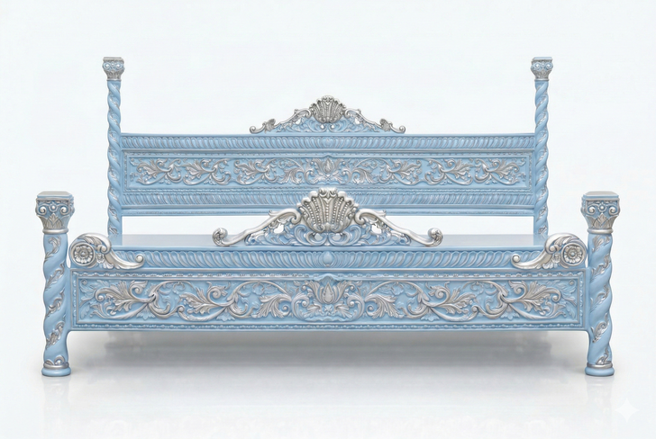 Custom Oversized Venetian Blue Bed w/ Silver Accents