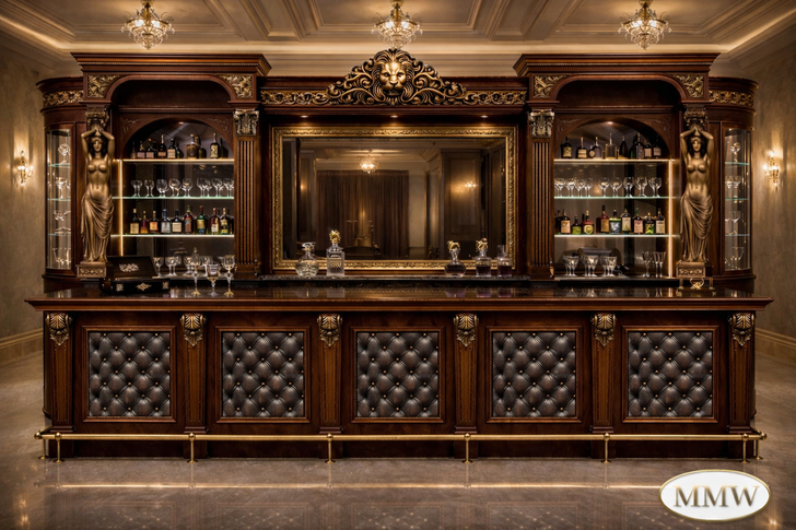 The Regal Lion Neoclassical Mahogany Bar – Hand-Carved with Tufted Leather & Sculpted Columns