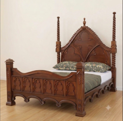 Custom Solid Mahogany Gothic Empire Bed Arched Bottom