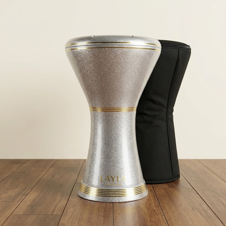 IN STOCK | LAYLA 9" Elite Pro Silver w/ Gold Band Sombaty Darbuka