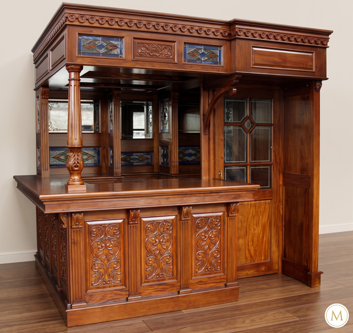 8.5ft Natural Mahogany Walk-in Canopy Pub Bar w/ Stained Glass Ceiling