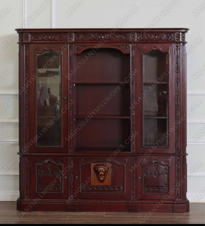 Dark Mahogany Resolute Bookcase Lion Carving