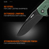 GRITR Stealth Folding Pocket Knife w/ 3.5" D2 Steel Blade, G10 Scales, Green Non-Serrated