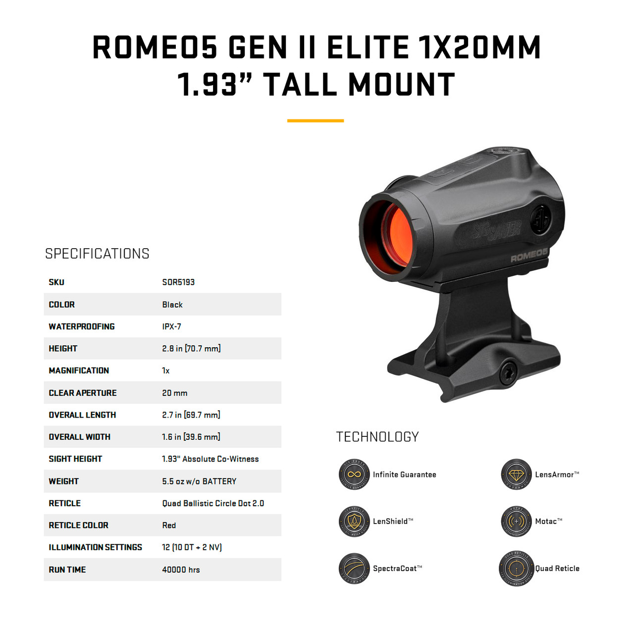 SIG SAUER Romeo5 II Elite 1x20mm Red Dot Sight SOR5193