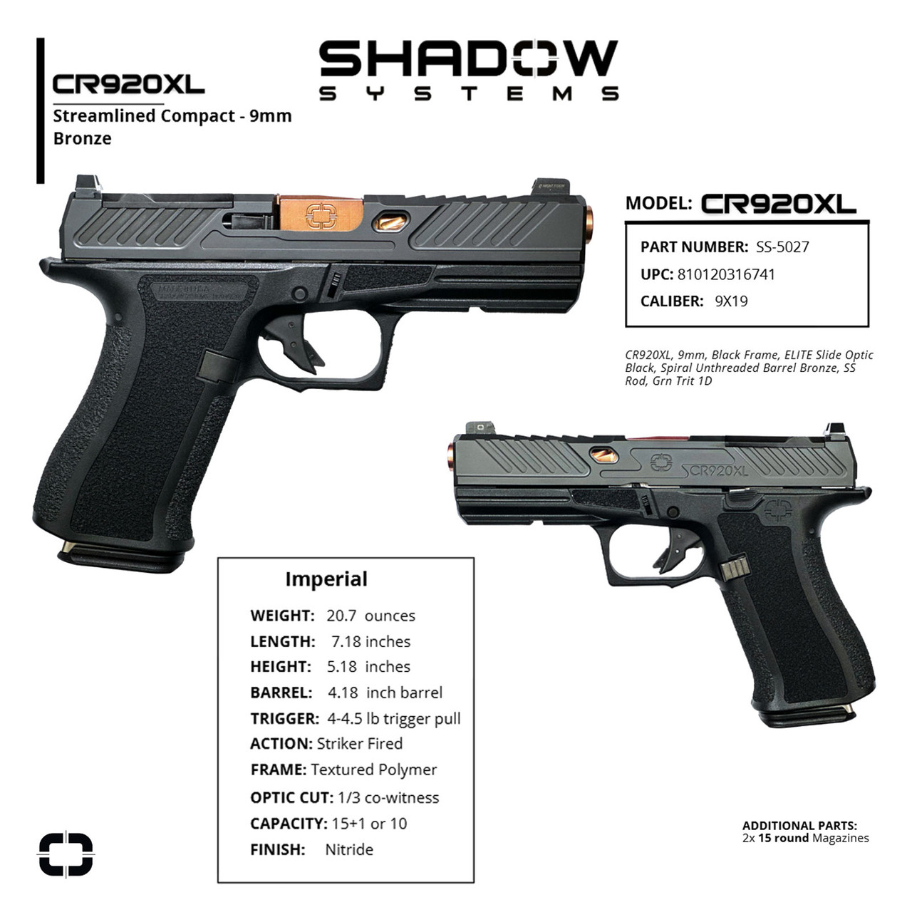SHADOW SYSTEMS CR920XL Elite Bronze Pistol SS-5027