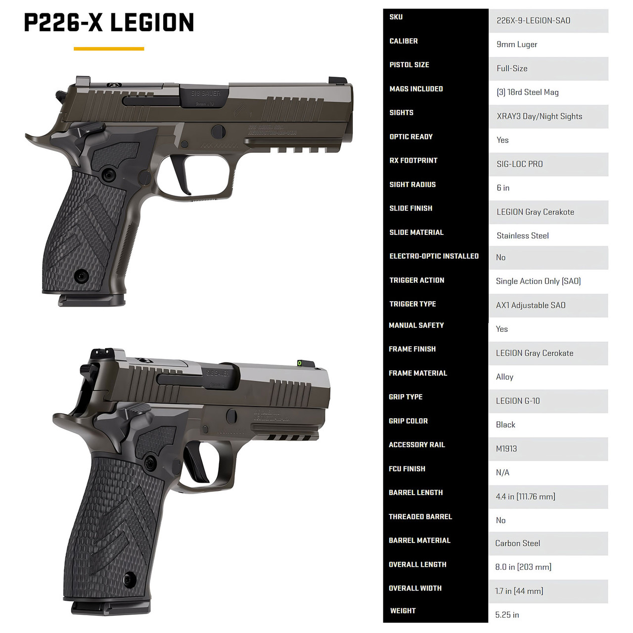 SIG SAUER P226X Legion 9mm SAO Pistol 226X-9-LEGION-SAO