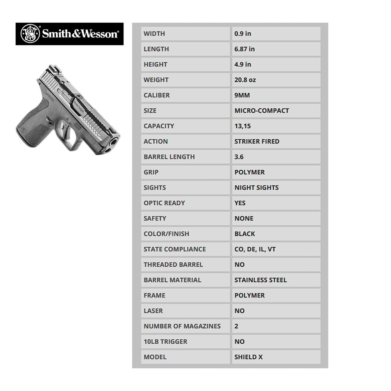 SMITH WESSON MP 9 Shield X No Thumb Safety Pistol 14263