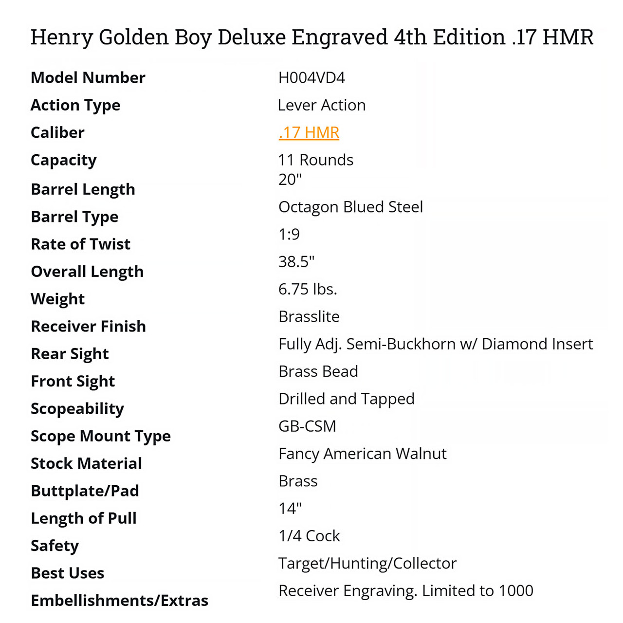 HENRY Golden Boy Deluxe Engraved 17HMR Rifle H004VD4