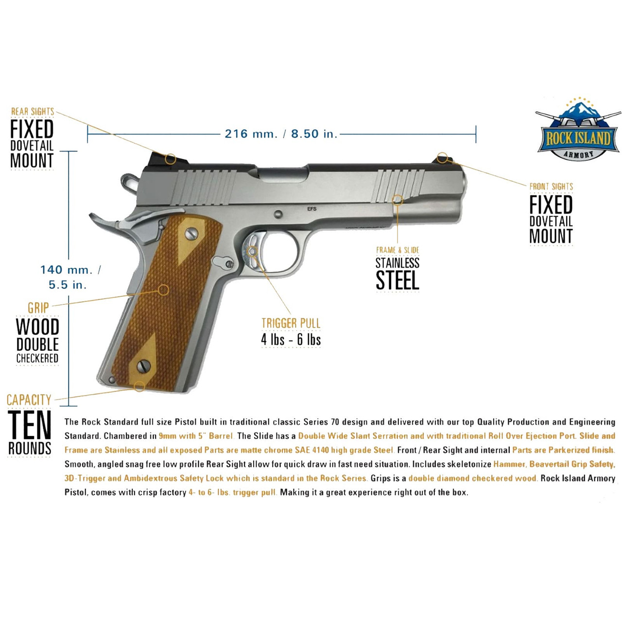 ARMSCOR Rock Stainless Steel 1911 FS 9mm Pistol 56828