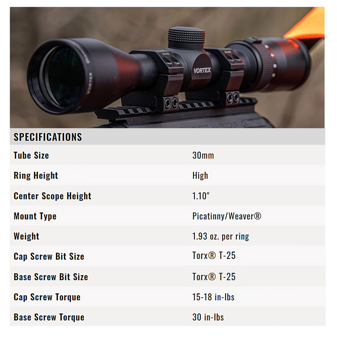 VORTEX Sport 30mm High Riflescope Rings SPT30-H