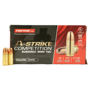 NORMA A-Strike Competition Subsonic 9mm 158Gr TMJ 50rds/Box Ammo (801902422)