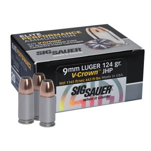 SIG SAUER Elite V-Crown 9mm 124Gr JHP 20rd Box Ammo (E9MMA2-20)