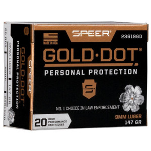 SPEER Gold Dot 9mm 147Gr HP 985 fps 20rd Box Handgun Personal Protection Ammo (23619GD)