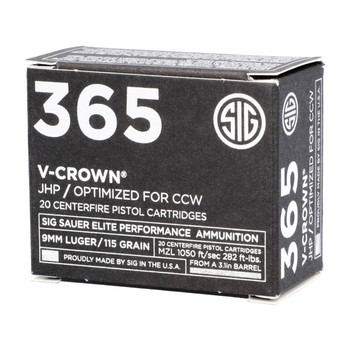 SIG SAUER V-Crown 9mm 115Gr JHP 20Rd/Box Handgun Ammo (E9MMA1-365-20)