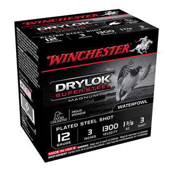 WINCHESTER AMMO DryLok Super Steel 12Ga 3in 3-Shot Magnum Plated 25/250 Shotgun Shells (XSM1233)