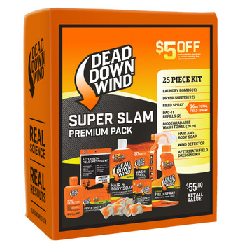 DEAD DOWN WIND NEW! Super Slam Premium Kit- 13 Pieces! 6 Laundry Pods, 12oz Field Spray, 2 Pac-its, 20ct Wash Cloths, 28 gm Wind Detector, 15 ct. Dryer Sheets, 12oz Body & Hair Soap, Box Kit (208118)