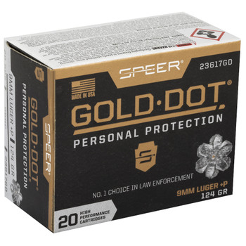 Speer Ammunition Speer Gold Dot, Personal Protection, 9MM, 124 Grain, Hollow Point, +P, 20 Round Box 23617GD