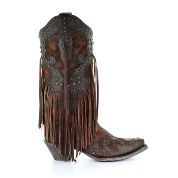 CORRAL Womens Goat Overlay Studs and Fringes Boots