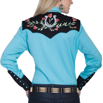 SCULLY Womens Western Apparel Turquoise Long Sleeve Shirt (PL-637-TUR)