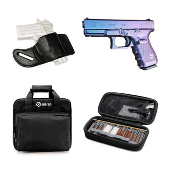 GLOCK 19 Gen 5 9mm 4.02in 15rd GunCandy Viper Cerakote Pistol with FLASHBANG HOLSTERS Sophia Right Hand Black Belt Slide Holster, GRITR Multi-Caliber Gun Cleaning Kit and GRITR Soft Black Pistol Case