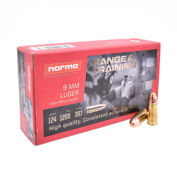 NORMA USA Range and Training 9mm Luger 124gr TMJ 50rd Box Handgun Ammo (801902144)
