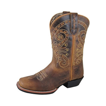 SMOKY MOUNTAIN BOOTS Women's Shelby Brown Waxed Distress Leather Western 10W Boots and WYOMING TRADERS Aztec Maroon Black Silk Scarf