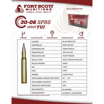 FORT SCOTT MUNITIONS .30-06 Springfield TUI 168Gr SCS 20rd Box Ammo (30-06-168-SCV)