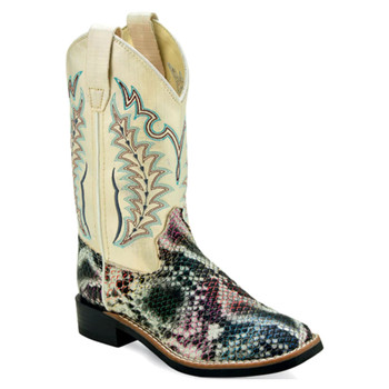 OLD WEST Childrens All Over Leatherette Broad Square Toe Multicolored Snake Print Foot/Shiny Cream Shaft Boots (VB9177)