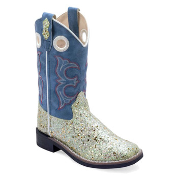 OLD WEST Childrens All Over Leatherette Broad Square Toe Sparkling Silver Foot/Sky Blue Shaft boots (VB9182)