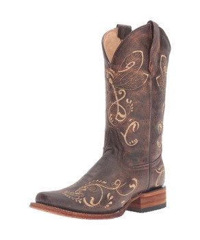 Open-box: CORRAL Womens Distressed Brown-Bone Dragonfly Embroidery Sq. Toe, Size: 8.5, Width: M (L5079-LD-M-8.5) - Damaged package