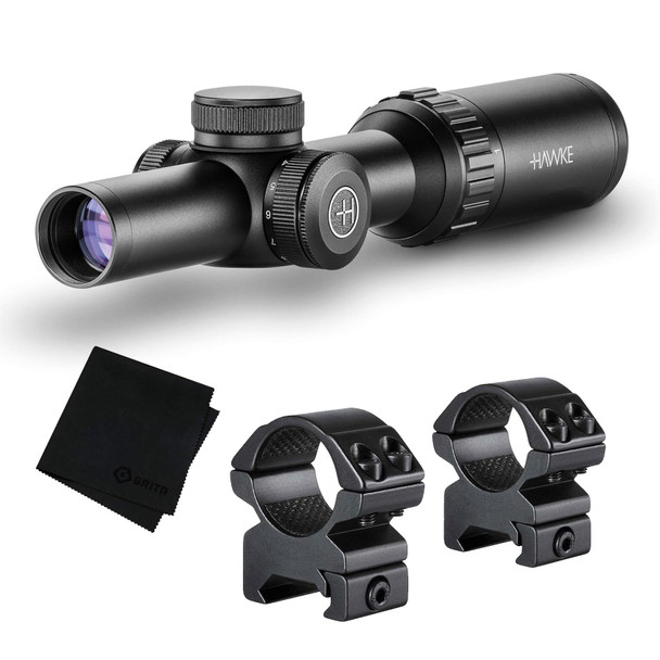 HAWKE Vantage IR 1-4x20 Turkey Dot IR Reticle Riflescope w/ Match Mount 1in Medium Weaver Scope Rings and GRITR Microfibre (14205+22113+GRIT-MF)