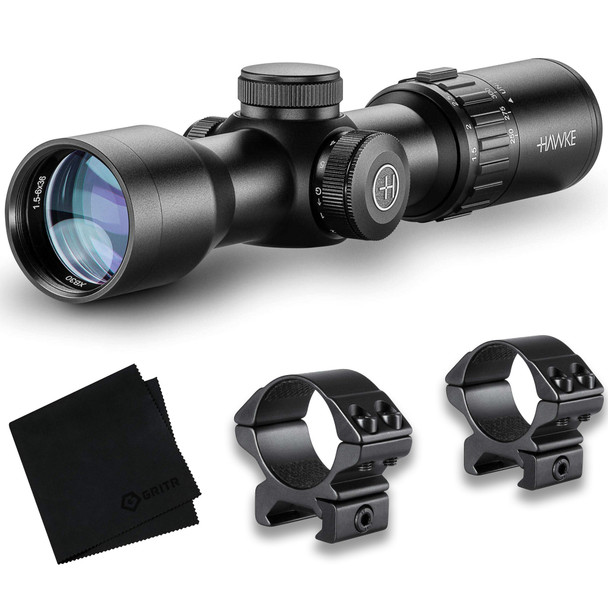 HAWKE XB30 Compact 1.5-6x36 IR WA SR 450fps Riflescope with Match Weaver 30mm Low 2pc Black Riflescope Ring Mounts and GRITR Microfibre (12226+22115+GRIT-MF)