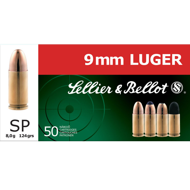 SELLIER & BELLOT 9mm 124 Grain SP Ammo, 50 Round Box (SB9S)